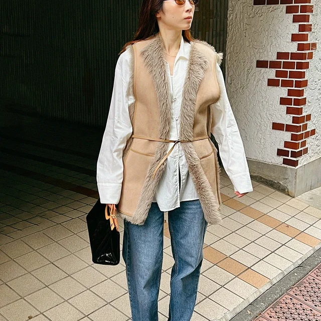 Hermès Mouton Long Vest #38 Beige in Beige from VINTAGE QOO TOKYO