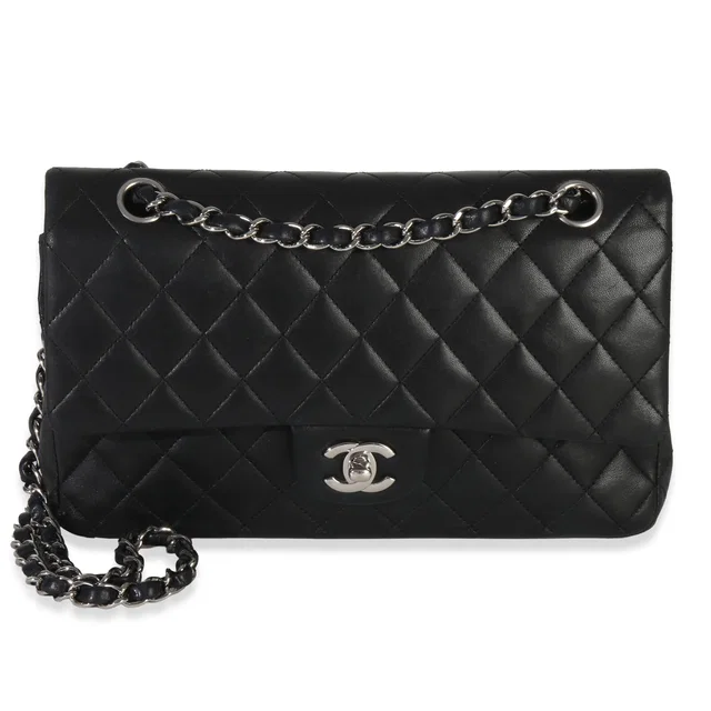 Chanel Black Quilted Lambskin Medium Classic Double Flap Bag Leather Handbag in Black Lambskin from HEWI