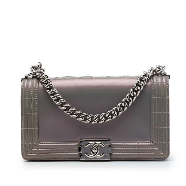 Gray Chanel Old Medium Iridescent Patent Boy Reverso Flap Crossbody Bag in Grey Patent leather from Designer Revival