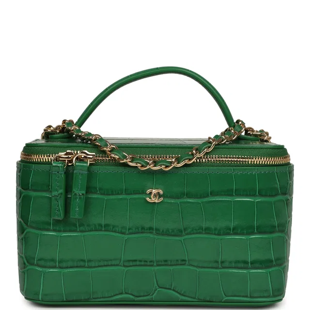 Chanel Small Top Handle Long Vanity Case Green Croc Embossed Calfskin Gold Hardware in Green Calfskin from Madison Avenue Couture
