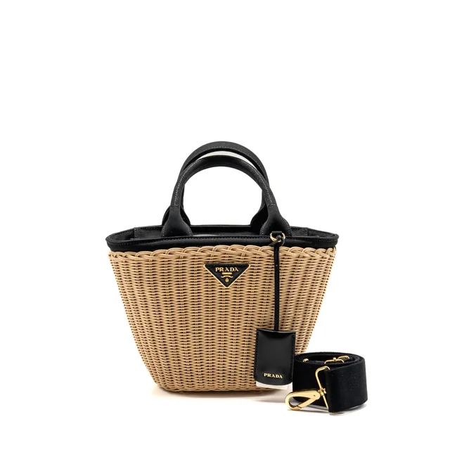 Prada Wicker Shopping Bag Canvas/Woven Tan/Black GHW in Black Woven leather from EMIER