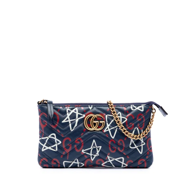 Blue Gucci Mini GG Marmont Matelasse Calfskin Gucci Ghost Wallet On Chain Crossbody Bag in Blue Calfskin from Designer Revival