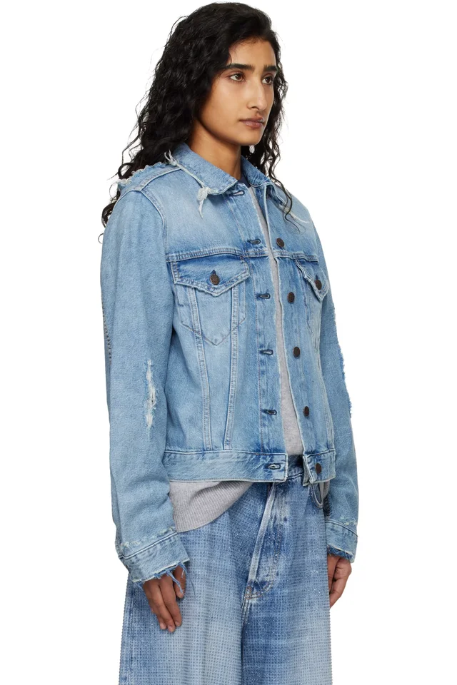 Acne Studios Blue Distressed Denim Jacket, photo 2 of 4 from SSENSE