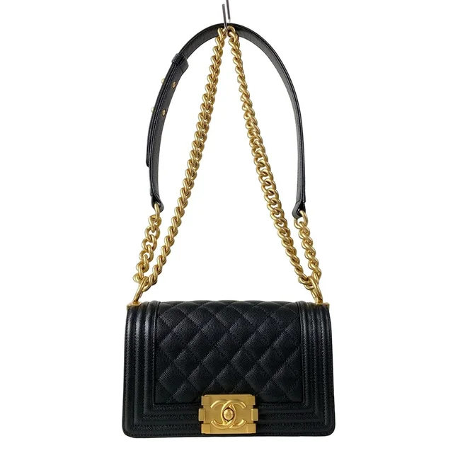 Chanel Shoulder Bag Boy 20 Quilted Black Chain Vintage Gold in Black Caviar leather from The Reluxe
