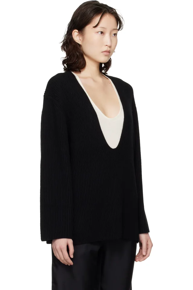 Loulou de Saison Black Gabe U Neck Ribbed Cashmere Sweater, photo 2 of 4 from SSENSE