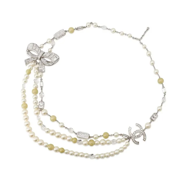 Chanel Necklace CC Logo Ribbon Motif Rhinestone Faux Pearl 08 from The Reluxe