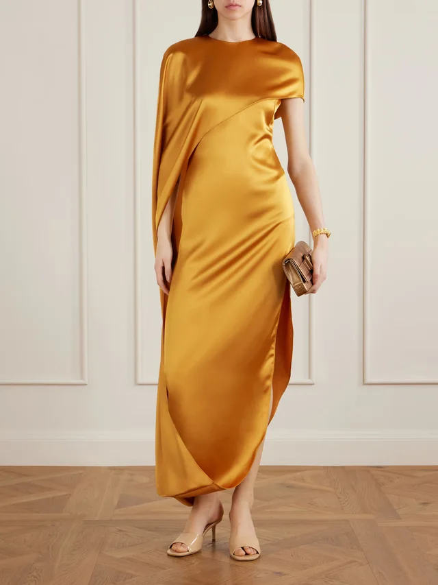GALVAN Clandestine cape-effect asymmetric satin gown in Metallic, photo 2 of 2 from NET-A-PORTER (Canada)