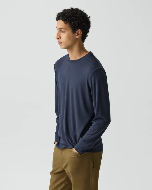 Theory Essential Long-Sleeve Tee in Anemone Modal Jersey in BALTIC 72% Modal, 23% Recycled Polyester, 5% Spandex, photo 9 of 12 from Theory