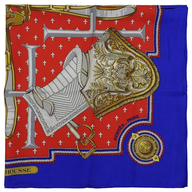 Hermès Carré 90 Selles à Housse Scarf Blue/Red in Red Silk from VINTAGE QOO TOKYO