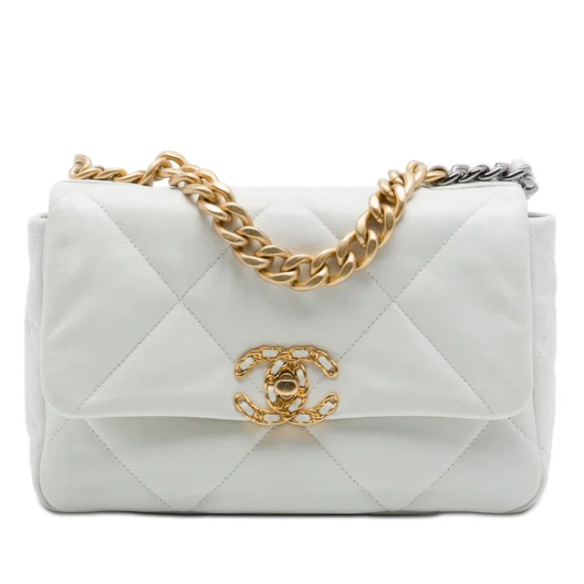 White Chanel Medium Lambskin 19 Flap Satchel in White Lambskin from Designer Revival