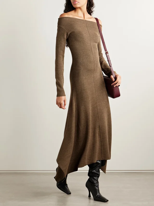 PROENZA SCHOULER Romi off-the-shoulder asymmetric stretch-knit dress in Beige, photo 2 of 2 from NET-A-PORTER (Canada)