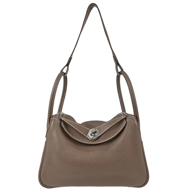 Hermès Etoupe Gray Taurillon Clemence Lindy 26 Shoulder Bag in Taupe Clemence leather from AMORE Vintage Tokyo
