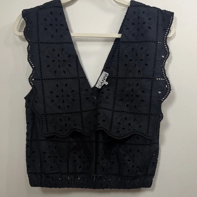GANNI Brodeire Anglaise Crop Top Eyelet Cut Out Scalloped V- Neck Black Size 38 in black from Poshmark