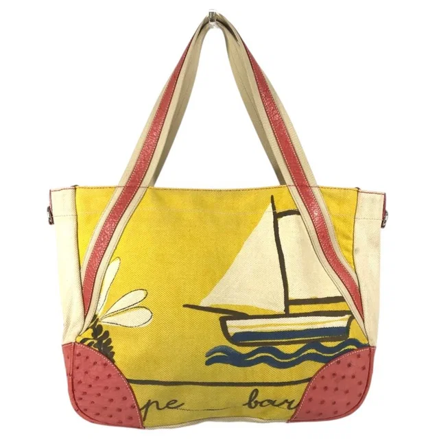 Prada Tote Bag Logo All Over Print Leather Canvas Yellow in Yellow Canvas from The Reluxe