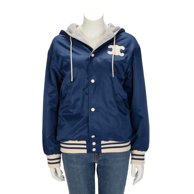 Celine Hooded Teddy Triomphe Jacket FR 38 in Dark Blue Nylon from Blue Spinach