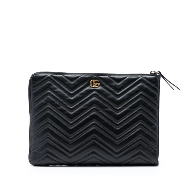 Black Gucci GG Marmont Matelasse Leather Portfolio Clutch in Black Leather from Designer Revival