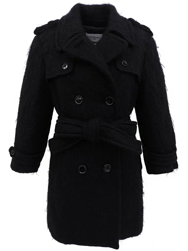 Saint Laurent Mohair Double Breasted Coat #40 Black in Black Wool from VINTAGE QOO TOKYO