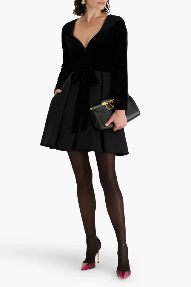 Valentino Garavani Velvet-Paneled Wool and Silk-Blend Crepe Mini Dress in Black, photo 2 of 4 from THE OUTNET