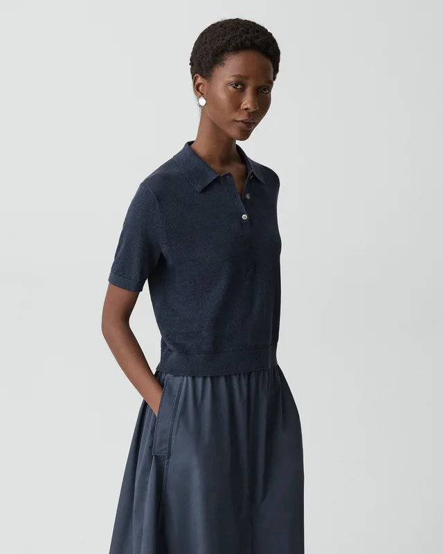 Theory Sheer Polo Shirt in Linen Knit in NOCTURNE NAVY 77% Linen, 23% Viscose; Exclusive Of Elastic, photo 2 of 14 from Theory