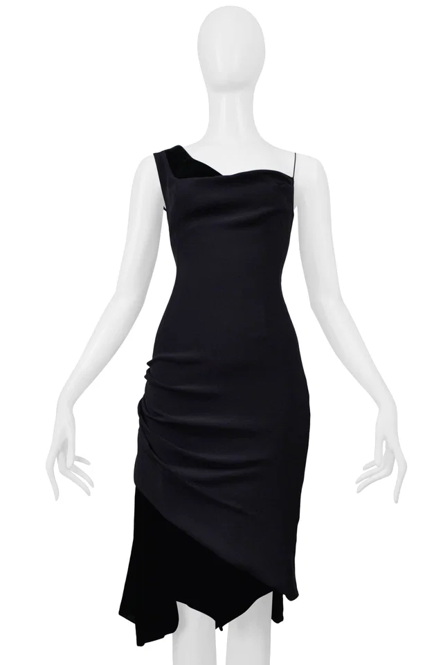 Christian Lacroix Black Asymmetrical Strap Dress With Velvet Insets in Black Velvet from Resurrection Vintage