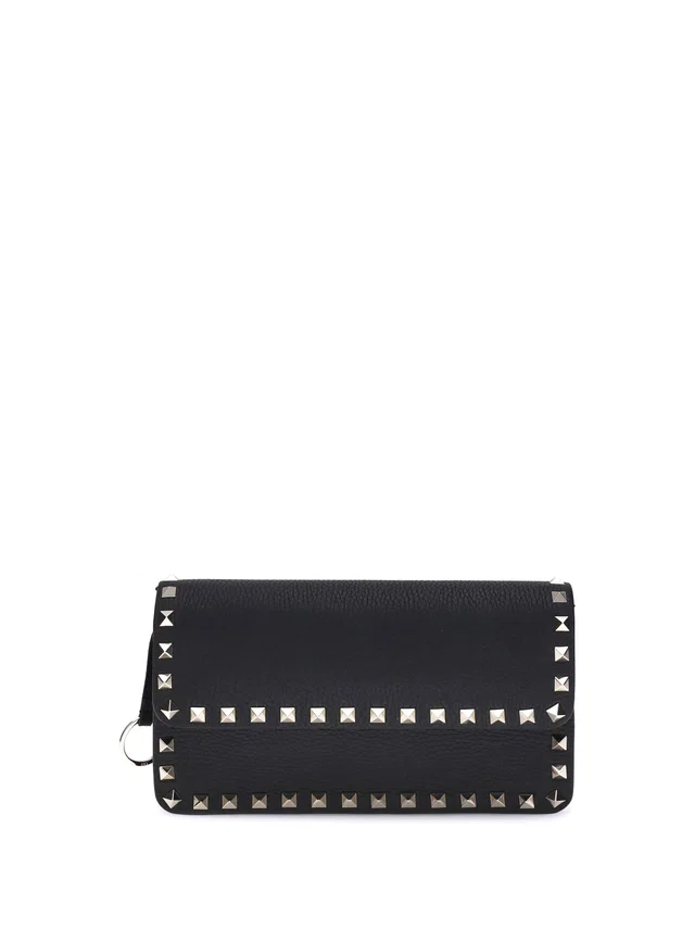 Valentino Garavani Rockstud Chain Wallet — Black Calf Leather Bos Taurus in Black Calfskin from HEWI
