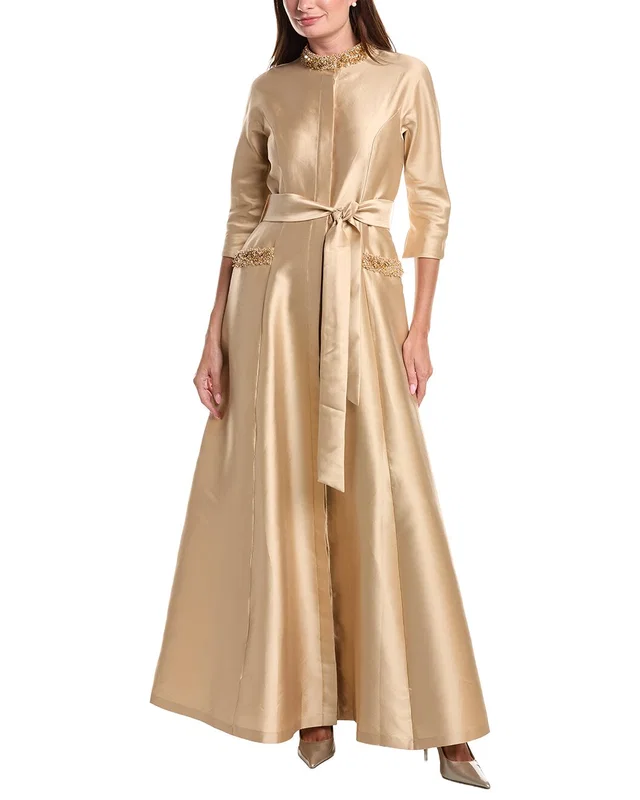 Teri Jon by Rickie Freeman Mikado Bead Collar Pocket Silk-Blend Shirt Gown, image 1 of 1 from Gilt