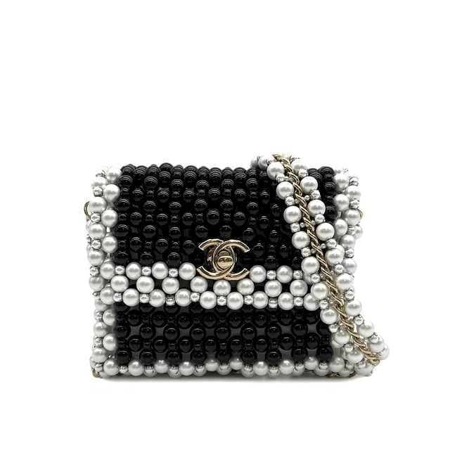 Chanel Faux Pearl Chain Shoulder Bag White Black Gold Hardware in Black from Luxury Promise