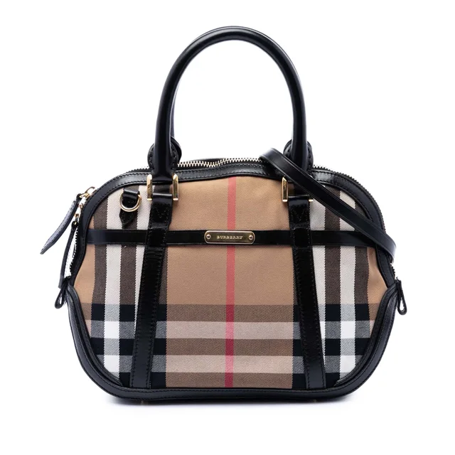 Brown Burberry Small Leather Trimmed House Check Canvas Bridle Orchard Satchel in Brown Canvas from Designer Revival