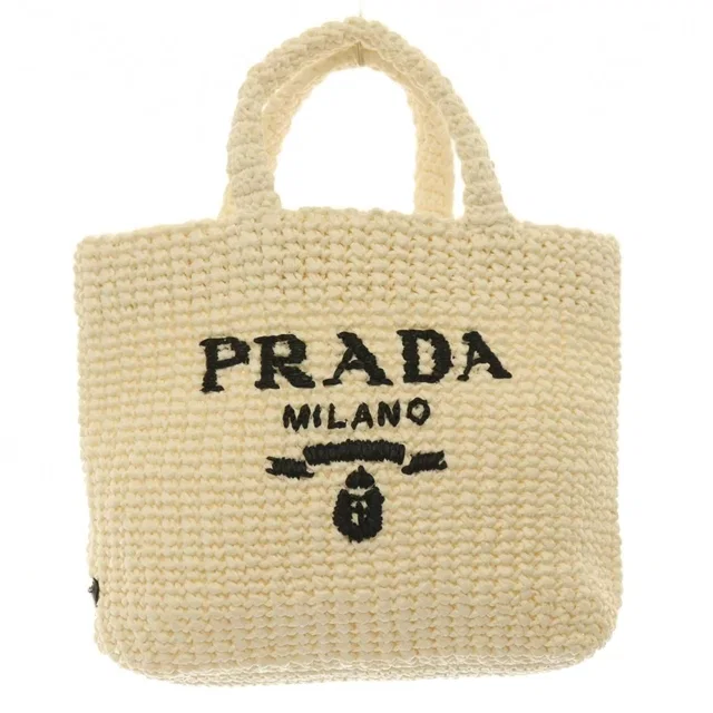 Prada Handbag Raffia Logo Braid Bicolor Triangle Plate White Black in Black Raffia from The Reluxe