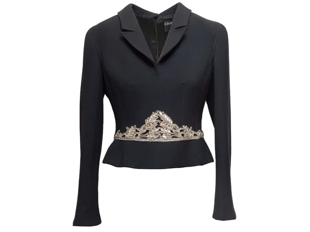 Vintage Black Chanel Embellished Wool Blazer Top Size FR 42 in Black Wool from Designer Revival