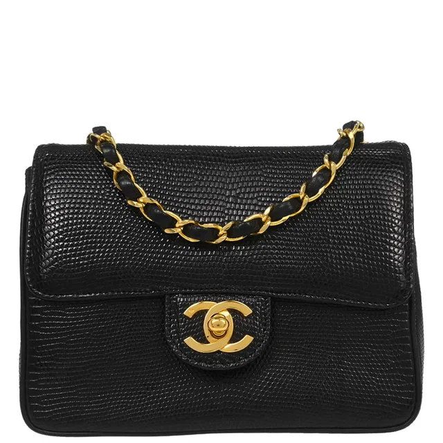 Chanel 1986-1988 Black Lizard Mini Classic Square Flap Bag 17 in Black Lizard from AMORE Vintage Tokyo