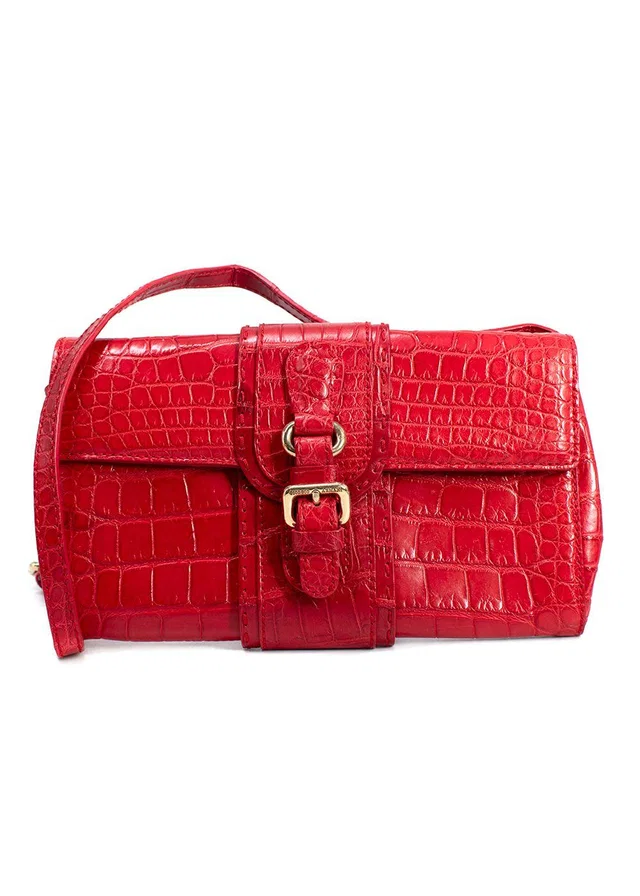 Giorgio Armani Red Crocodile Embossed Buckle Shoulder Bag in Red Crocodile from HEWI