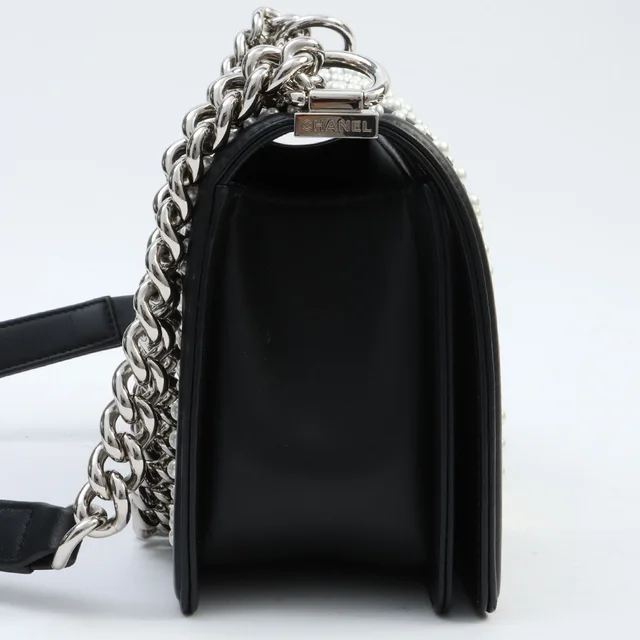 Around 2020 Pearl Studded Boy Chanel Chain Shoulder Bag Black in Black Lambskin from VINTAGE QOO TOKYO, photo 2 of 15