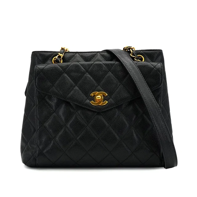 Chanel Vintage Matelasse Chain Shoulder Bag Black Caviar Skin Gold Hardware in Black Caviar leather from Luxury Promise