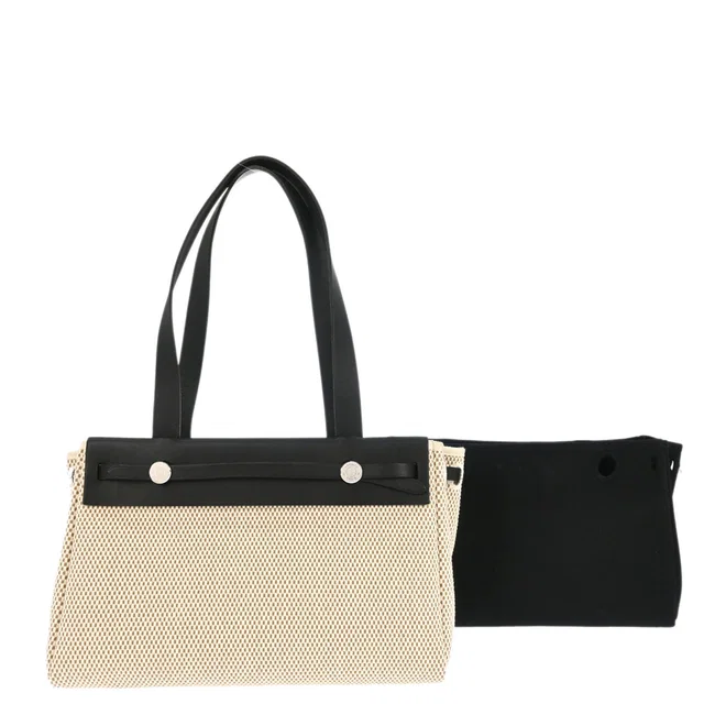 Hermès Beige Black Toile GM Officier Herbag Cabas PM 2 in 1 Handbag in Black Leather from AMORE Vintage Tokyo