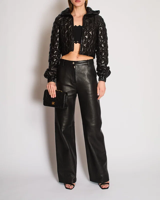 Chanel Fall/Winter 2016 Collection Black Lambskin Cropped Hooded Puffer Jacket with Patent Detailing… in Black Lambskin from Sellier