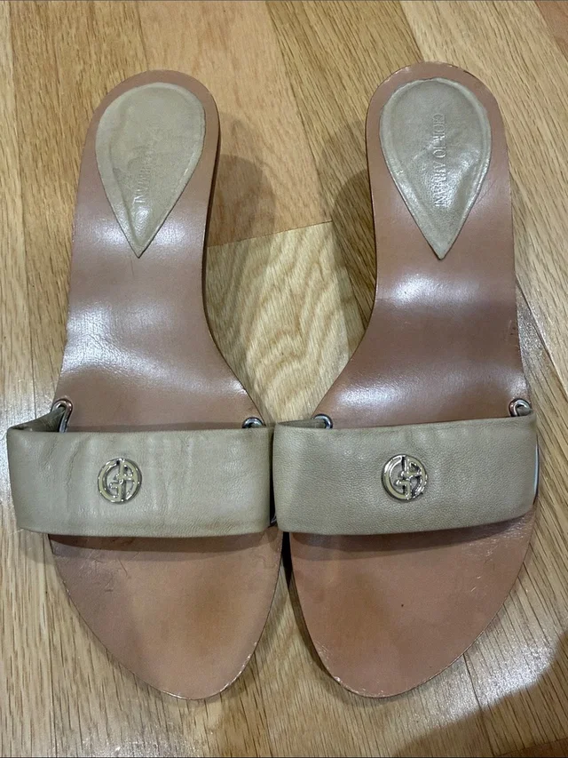 Giorgio Armani Vintage Light Beige Leather Kitten Slides in brown|neutral Leather from Poshmark