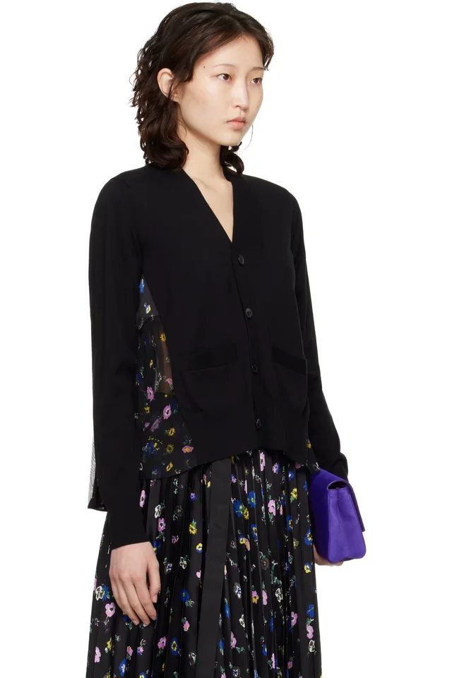 sacai Black Floral Print Cotton Knit Cardigan, photo 2 of 4 from SSENSE