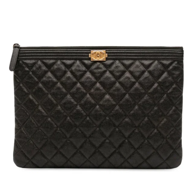 Black Chanel Medium Quilted Caviar Boy O Case Clutch in Black Caviar leather from Designer Revival