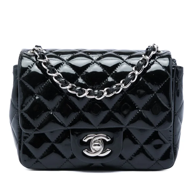 Black Chanel Mini Square Classic Patent Single Flap Crossbody Bag in Black Patent leather from Designer Revival