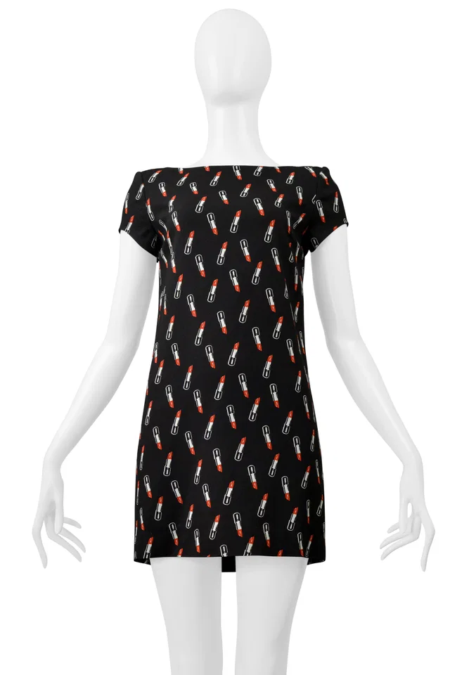 Saint Laurent By Hedi Slimane Black Mini Dress With Lipstick Print 2015 in Black Silk from Resurrection Vintage
