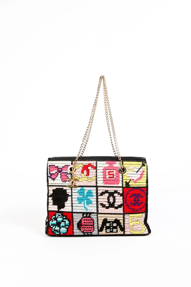 2000s Chanel Embroidered Multicolour Icon Shoulder Bag in Lambskin from Break Archive