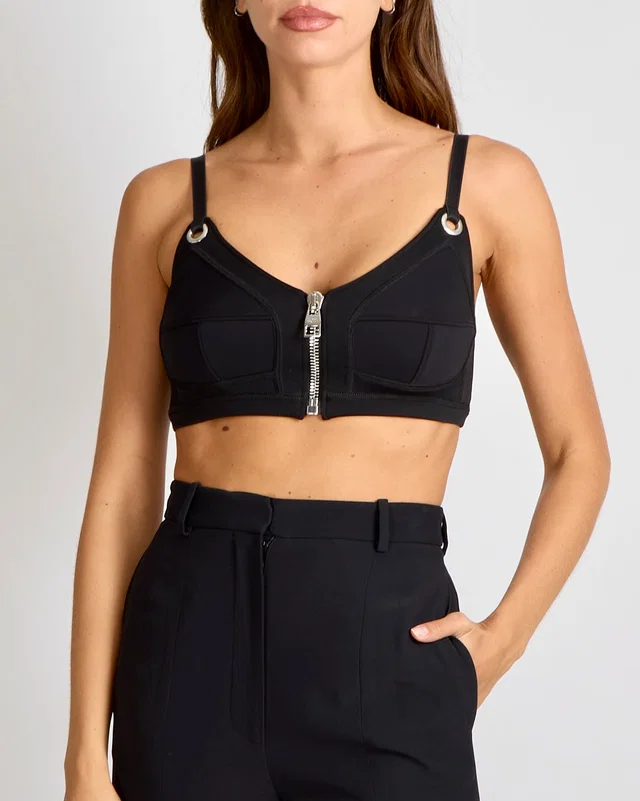 Alexander McQueen Black Cropped Bralette Top with Silver Zipper Detail Size IT 38 (UK 6) in Black from Sellier