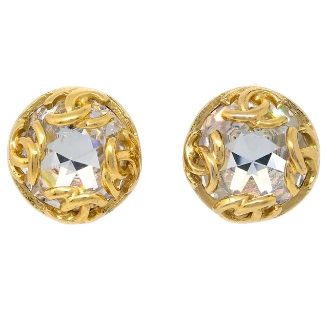 Chanel Gold Button Earrings Clip-On Rhinestone in Gold from AMORE Vintage Tokyo