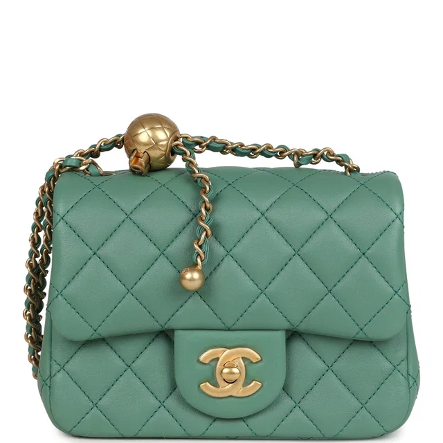 Chanel Mini Square Pearl Crush Flap Bag Green Lambskin Antique Gold Hardware in Green Lambskin from Madison Avenue Couture