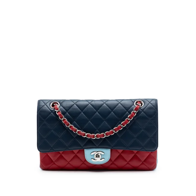 Blue Chanel Medium Classic Tricolor Lambskin Double Flap Shoulder Bag in Blue Lambskin from Designer Revival, photo 1 of 1