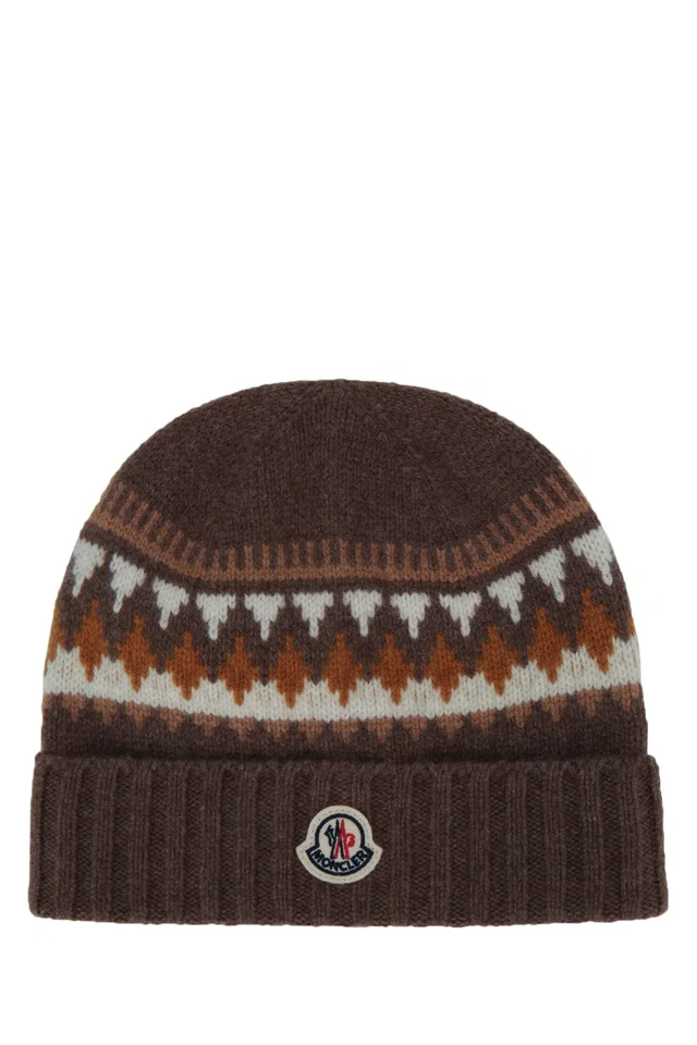Moncler Hat Intarsia-Knit Beanie — Brown Wool Beanies in Brown Wool from HEWI