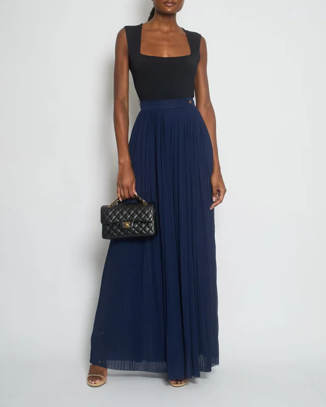 Chanel Navy Pleated High-Waist Trousers with CC Button Detail Size FR 34 (UK 6) in Navy Silk from Sellier