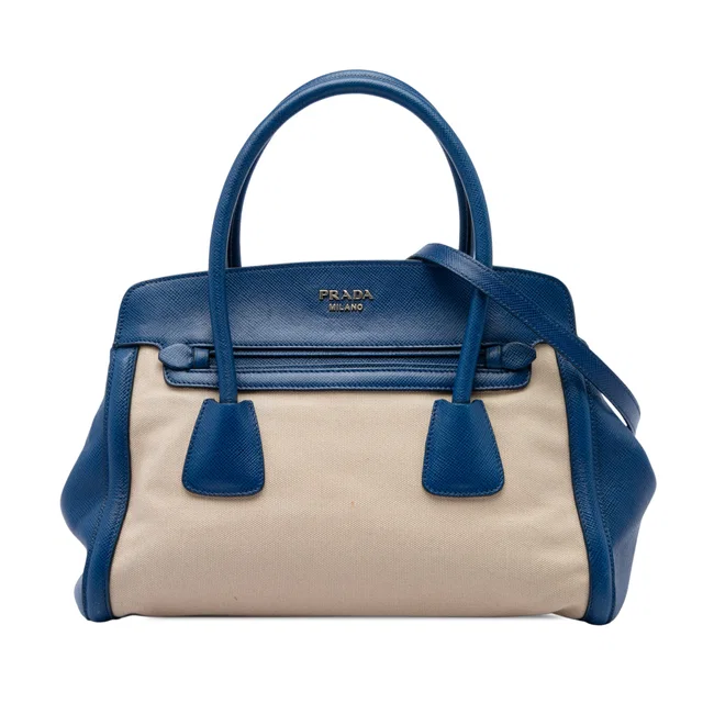 Blue Prada Saffiano Cuir Trimmed Canapa Satchel in Blue Saffiano leather from Designer Revival