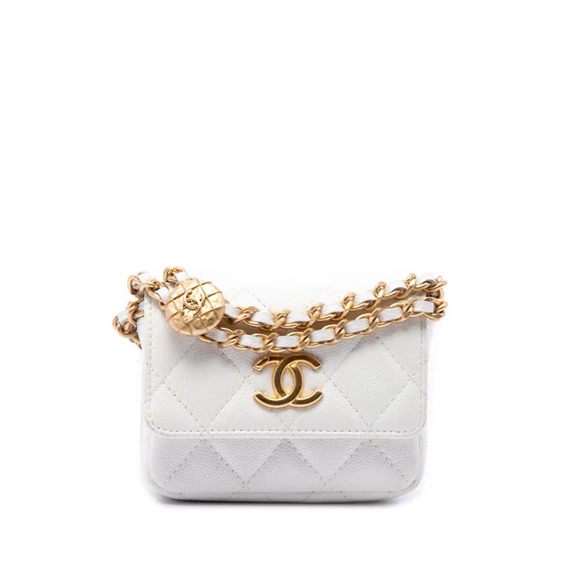 White Chanel Quilted Caviar Twist Your Buttons Flap Chain Belt Bag in White Caviar leather from Designer Revival